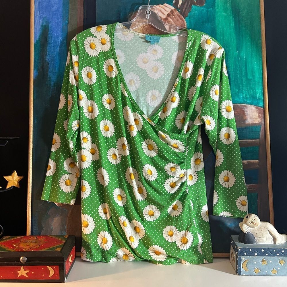 LaLamour Green Daisy Print Cottagecore Floral Faux Wrap Top SZ M
